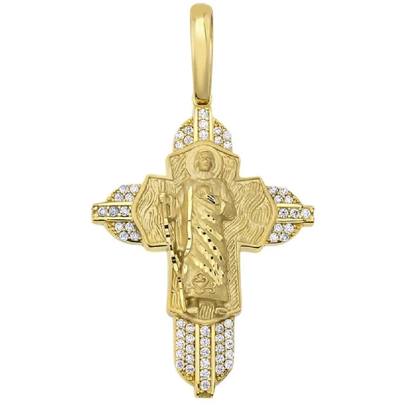 14k Yellow Gold Detailed Saint Jude Cross Pendant with Cubic Zirconia Stones