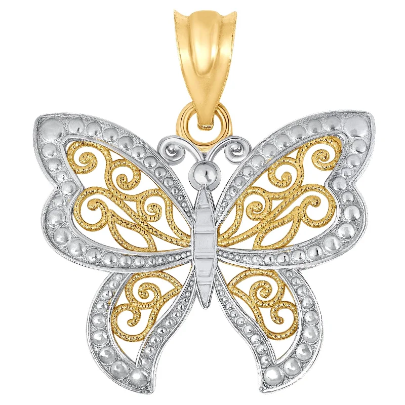 14k Yellow Gold Filigree Two-Tone Butterfly Pendant