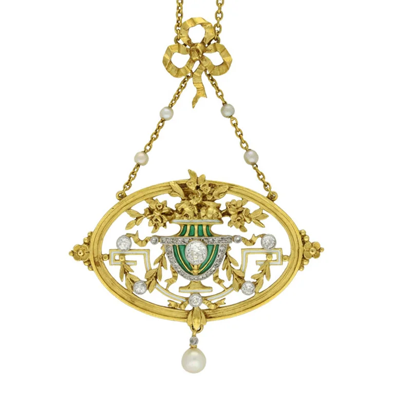 Lucien Gautrait French Art Nouveau Platinum & 18KT Yellow Gold Diamond, Enamel & Natural Pearl Pendant / Brooch