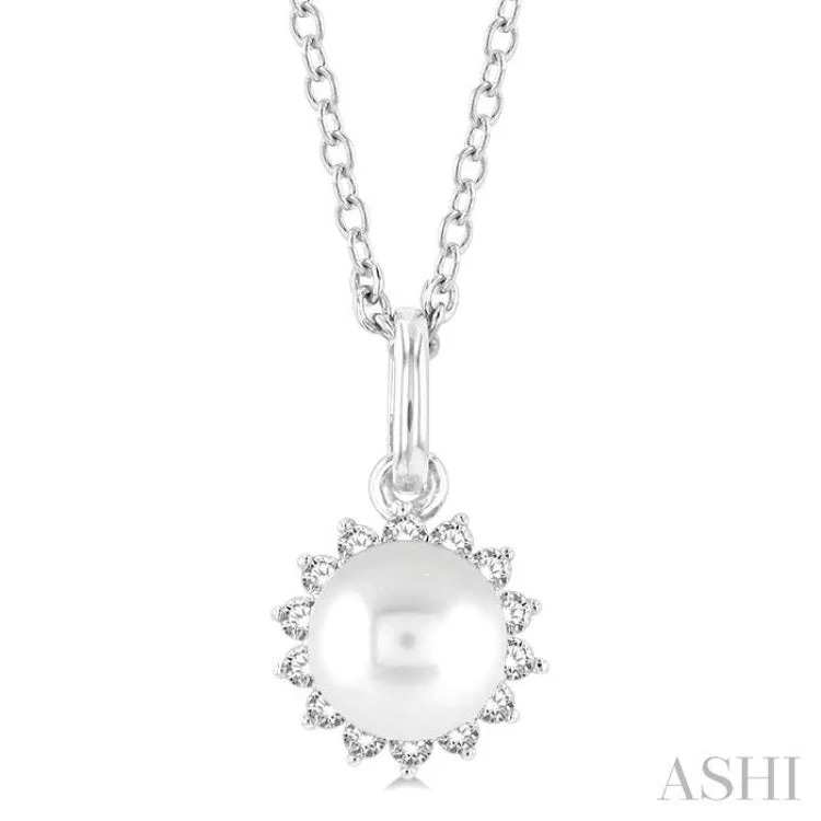 1/10 ctw Petite 6X6MM Cultured Pearl and Round Cut Diamond Fashion Pendant With Chain in 10K White Gold