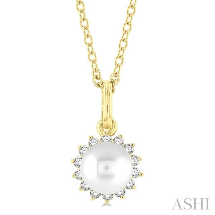 1/10 ctw Petite 6X6MM Cultured Pearl and Round Cut Diamond Fashion Pendant With Chain in 10K Yellow Gold