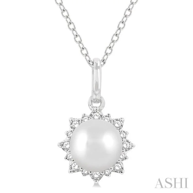 1/10 ctw Petite Sun 6X6MM Cultured Pearl and Round Cut Diamond Fashion Pendant With Chain in 10K White Gold