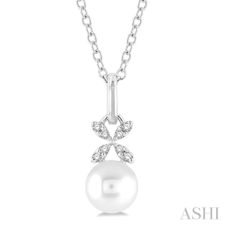 1/50 ctw Petite Floral Round Cut Diamond and 6X6MM Cultured Pearl Fashion Pendant With Chain in 10K White Gold