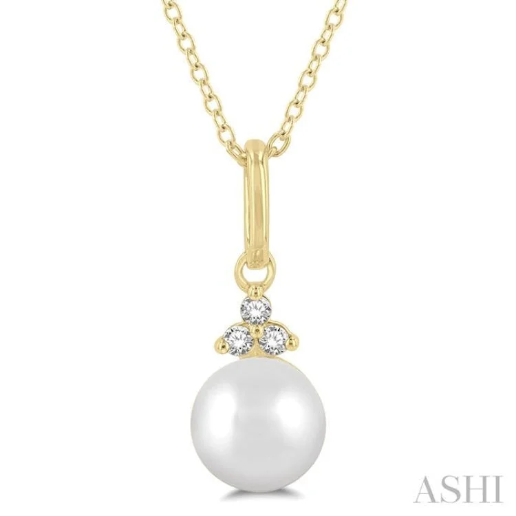 1/50 ctw Petite 6X6MM Cultured Pearl and Round Cut Diamond Fashion Pendant With Chain in 10K Yellow Gold