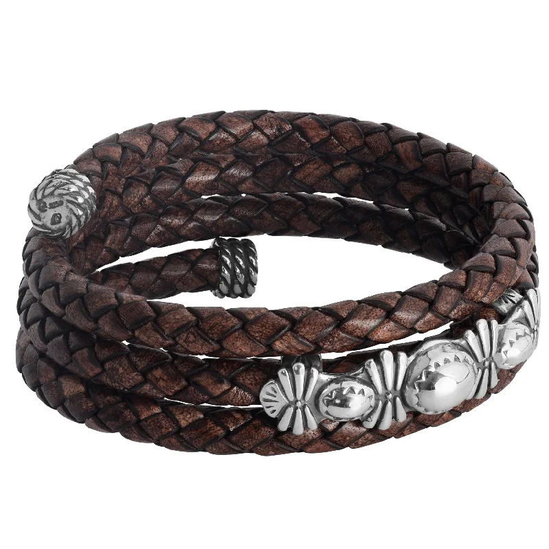 Sterling Silver Brown Braided Leather Coil Wrap Bracelet, One Size Fits Most